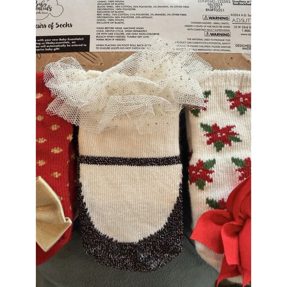 Baby Essentials 4 Pair Socks Assorted Colors 0-12 Months Girls Holiday Christmas